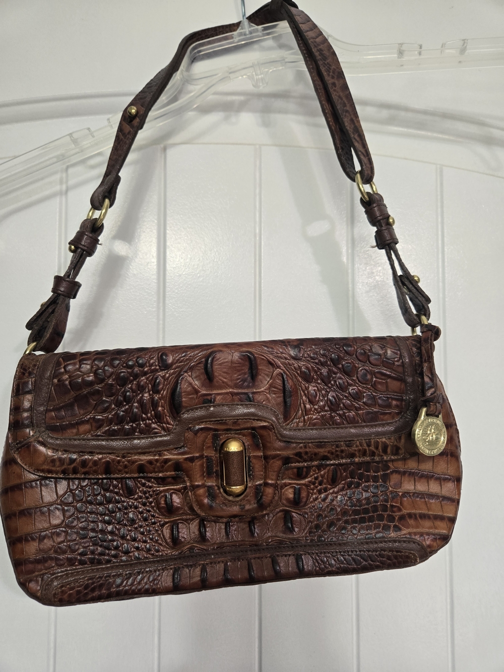 Brahmin Croc-Embossed Brown Shoulder Bag with Gold Hardware